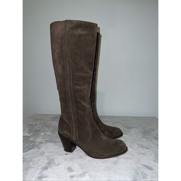 KORS Michael Kors Shoes - Women’s Tall Brown Leather Suede Braided Heeled Boots 7.5
